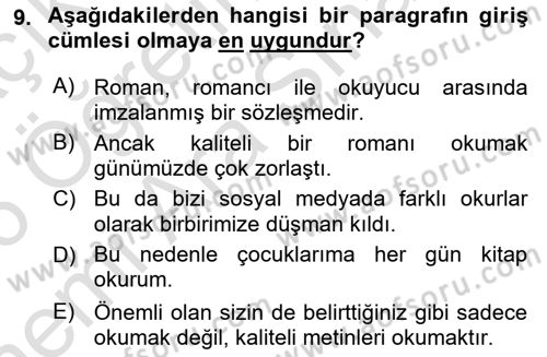 Türk Dili 2 Dersi 2025 - 2026 Yılı (Vize) Ara Sınav Soruları 9. Soru