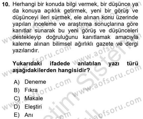 Türk Dili 2 Dersi 2025 - 2026 Yılı Yaz Okulu Sınav Soruları 10. Soru