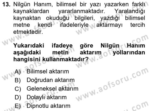 Türk Dili 2 Dersi 2025 - 2026 Yılı Yaz Okulu Sınav Soruları 13. Soru