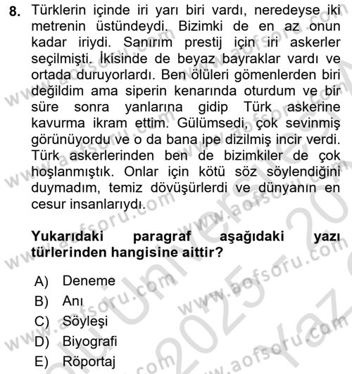 Türk Dili 2 Dersi 2025 - 2026 Yılı Yaz Okulu Sınav Soruları 8. Soru