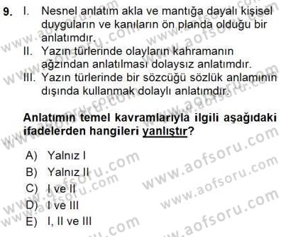 Türkçe Sözlü Anlatım Dersi Ara Sınavı Deneme Sınav Soruları 9. Soru