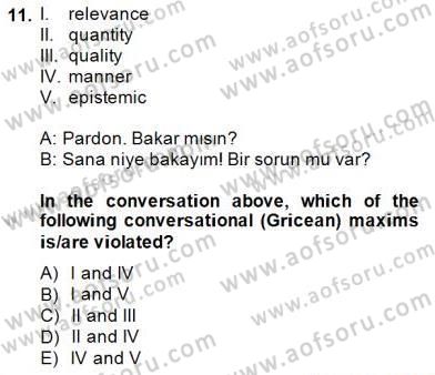 Türkçe Tümce Bilgisi Ve Anlambilim Dersi 2014 - 2015 Yılı (Final) Dönem Sonu Sınav Soruları 11. Soru