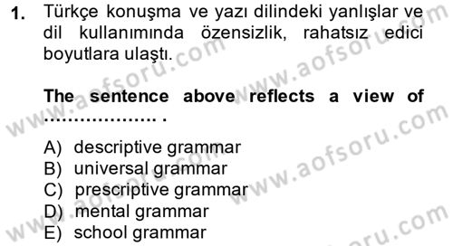 Türkçe Tümce Bilgisi Ve Anlambilim Dersi 2014 - 2015 Yılı Tek Ders Sınavı 1. Soru