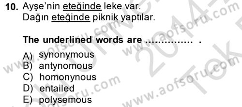 Türkçe Tümce Bilgisi Ve Anlambilim Dersi 2014 - 2015 Yılı Tek Ders Sınav Soruları 10. Soru