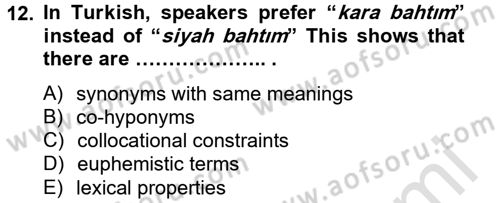 Türkçe Tümce Bilgisi Ve Anlambilim Dersi 2014 - 2015 Yılı Tek Ders Sınav Soruları 12. Soru