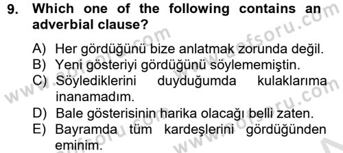 Türkçe Tümce Bilgisi Ve Anlambilim Dersi 2014 - 2015 Yılı Tek Ders Sınav Soruları 9. Soru