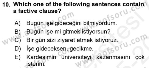 Türkçe Tümce Bilgisi Ve Anlambilim Dersi 2015 - 2016 Yılı Tek Ders Sınav Soruları 10. Soru