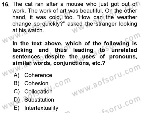 Türkçe Tümce Bilgisi Ve Anlambilim Dersi 2015 - 2016 Yılı Tek Ders Sınav Soruları 16. Soru