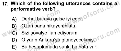Türkçe Tümce Bilgisi Ve Anlambilim Dersi 2015 - 2016 Yılı Tek Ders Sınav Soruları 17. Soru