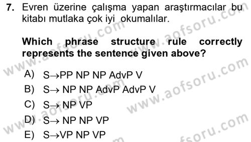 Türkçe Tümce Bilgisi Ve Anlambilim Dersi 2015 - 2016 Yılı Tek Ders Sınav Soruları 7. Soru