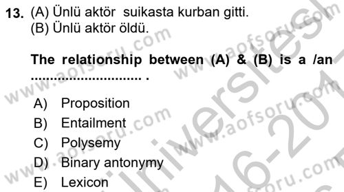 Türkçe Tümce Bilgisi Ve Anlambilim Dersi 2016 - 2017 Yılı 3 Ders Sınav Soruları 13. Soru
