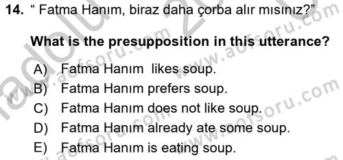 Türkçe Tümce Bilgisi Ve Anlambilim Dersi 2016 - 2017 Yılı 3 Ders Sınav Soruları 14. Soru