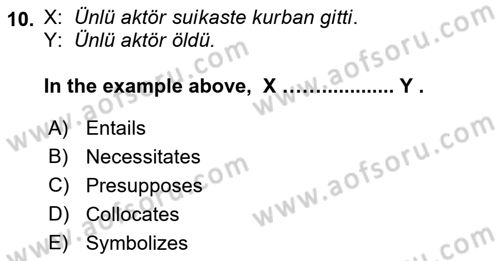 Türkçe Tümce Bilgisi Ve Anlambilim Dersi 2016 - 2017 Yılı (Final) Dönem Sonu Sınav Soruları 10. Soru