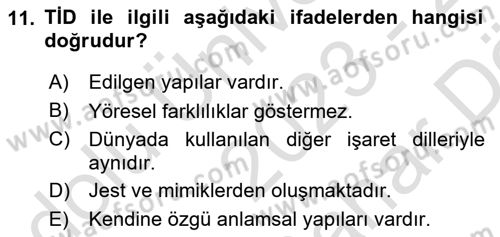 Türk İşaret Dili Dersi 2023 - 2024 Yılı (Vize) Ara Sınav Soruları 11. Soru
