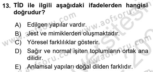 Türk İşaret Dili Dersi 2024 - 2025 Yılı (Vize) Ara Sınav Soruları 13. Soru