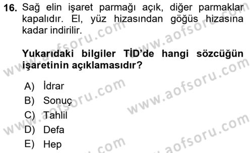 Türk İşaret Dili Dersi 2024 - 2025 Yılı (Final) Dönem Sonu Sınav Soruları 16. Soru
