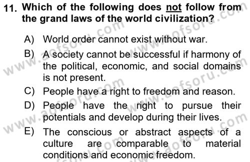 Introduction to World Civilization Dersi 2020 - 2021 Yılı Yaz Okulu Sınav Soruları 11. Soru