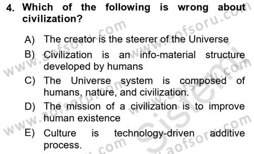 Introduction to World Civilization Dersi Ara Sınavı Deneme Sınav Soruları 4. Soru