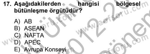 Uluslararası İlişkilere Giriş Dersi 2012 - 2013 Yılı (Final) Dönem Sonu Sınav Soruları 17. Soru