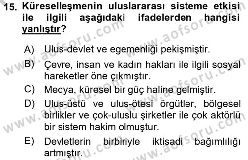 Uluslararası İlişkilere Giriş Dersi 2016 - 2017 Yılı (Vize) Ara Sınav Soruları 15. Soru