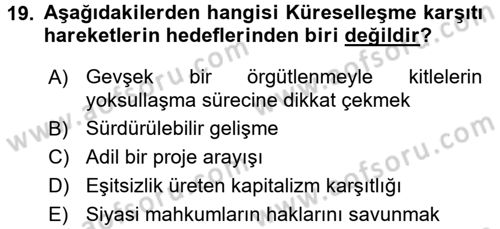 Uluslararası İlişkilere Giriş Dersi 2016 - 2017 Yılı (Final) Dönem Sonu Sınav Soruları 19. Soru