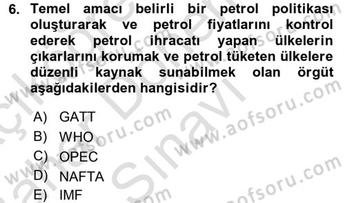 Uluslararası İlişkilere Giriş Dersi 2016 - 2017 Yılı (Final) Dönem Sonu Sınav Soruları 6. Soru