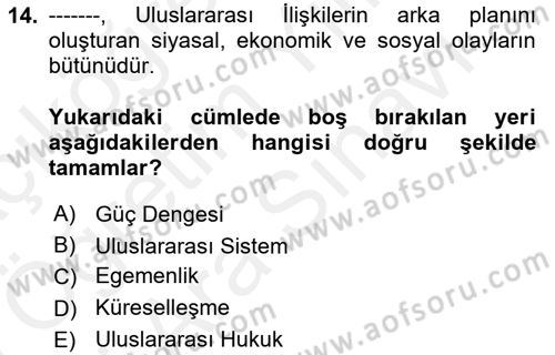 Uluslararası İlişkilere Giriş Dersi 2018 - 2019 Yılı (Vize) Ara Sınav Soruları 14. Soru