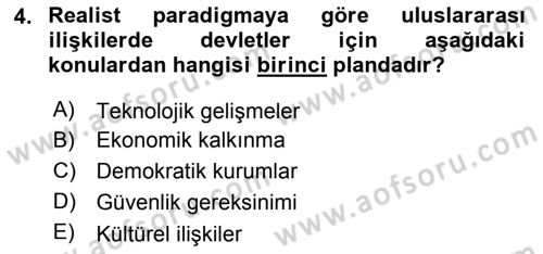 Uluslararası İlişkilere Giriş Dersi 2021 - 2022 Yılı (Vize) Ara Sınav Soruları 4. Soru
