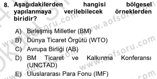 Uluslararası İlişkilere Giriş Dersi 2023 - 2024 Yılı Yaz Okulu Sınav Soruları 8. Soru