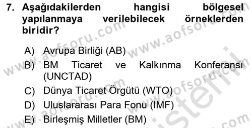 Uluslararası İlişkilere Giriş Dersi 2024 - 2025 Yılı (Vize) Ara Sınav Soruları 7. Soru