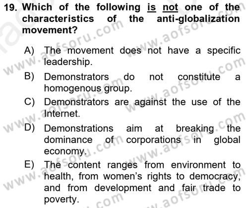 Introduction to International Relations Dersi 2018 - 2019 Yılı (Final) Dönem Sonu Sınav Soruları 19. Soru