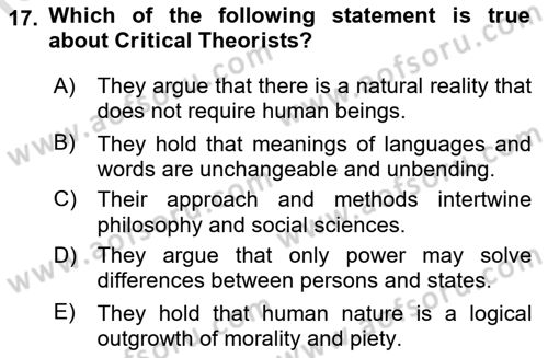 Introduction to International Relations Dersi Ara Sınavı Deneme Sınav Soruları 17. Soru