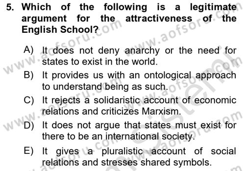 Introduction to International Relations Dersi 2020 - 2021 Yılı Yaz Okulu Sınav Soruları 5. Soru