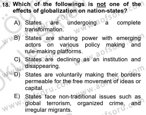 Introduction to International Relations Dersi 2021 - 2022 Yılı Yaz Okulu Sınav Soruları 18. Soru
