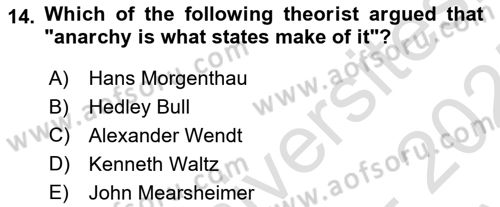 Introduction to International Relations Dersi 2024 - 2025 Yılı (Vize) Ara Sınav Soruları 14. Soru