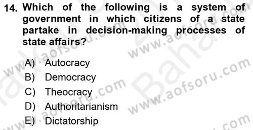 Political Science Dersi 2018 - 2019 Yılı (Vize) Ara Sınav Soruları 14. Soru