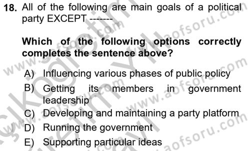 Political Science Dersi 2018 - 2019 Yılı Yaz Okulu Sınav Soruları 18. Soru