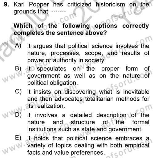 Political Science Dersi 2018 - 2019 Yılı Yaz Okulu Sınav Soruları 9. Soru