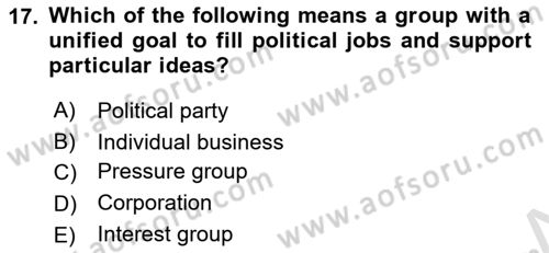 Political Science Dersi 2020 - 2021 Yılı Yaz Okulu Sınav Soruları 17. Soru