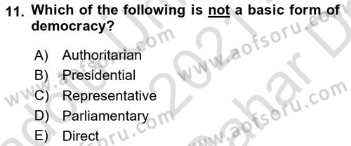 Political Science Dersi 2021 - 2022 Yılı (Vize) Ara Sınav Soruları 11. Soru