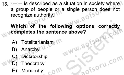 Political Science Dersi 2021 - 2022 Yılı (Vize) Ara Sınav Soruları 13. Soru
