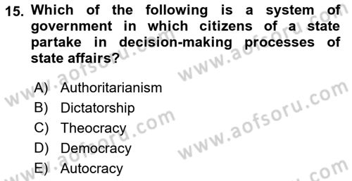 Political Science Dersi 2021 - 2022 Yılı (Vize) Ara Sınav Soruları 15. Soru