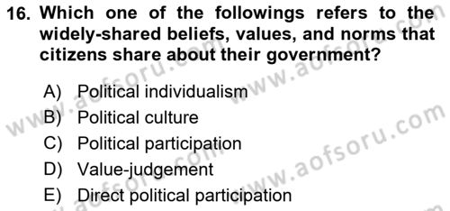Political Science Dersi 2021 - 2022 Yılı Yaz Okulu Sınav Soruları 16. Soru
