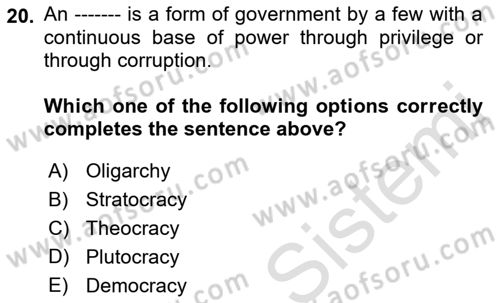 Political Science Dersi 2022 - 2023 Yılı Yaz Okulu Sınav Soruları 20. Soru
