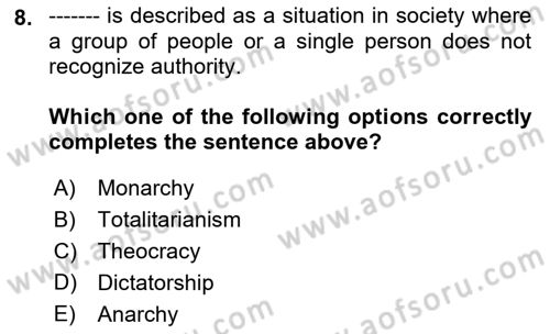 Political Science Dersi 2022 - 2023 Yılı Yaz Okulu Sınav Soruları 8. Soru