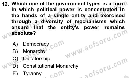 Political Science Dersi 2023 - 2024 Yılı (Vize) Ara Sınav Soruları 12. Soru