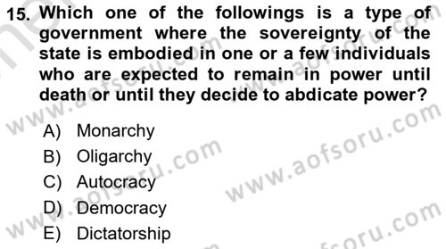Political Science Dersi 2024 - 2025 Yılı (Vize) Ara Sınav Soruları 15. Soru