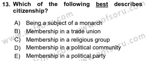 Political Science Dersi 2025 - 2026 Yılı (Vize) Ara Sınav Soruları 13. Soru