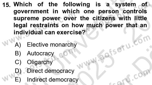 Political Science Dersi 2025 - 2026 Yılı (Vize) Ara Sınav Soruları 15. Soru