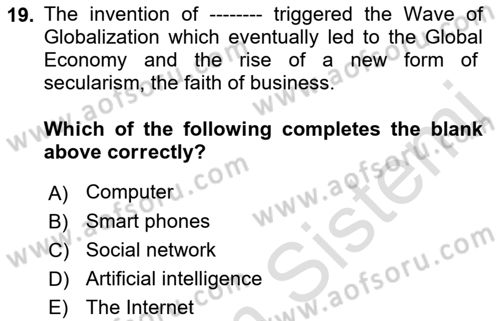 Contemporary World Civilizations Dersi 2021 - 2022 Yılı Yaz Okulu Sınav Soruları 19. Soru